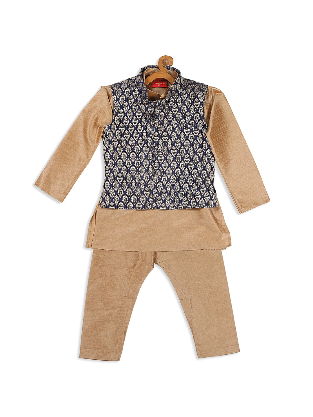 Sishu Boy's Gold-Toned & Blue Kurta With Pyjama & Nehru Jacket