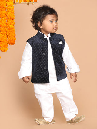 VASTRAMAY SISHU Boys Navy Blue & White Printed Velvet Nehru Jacket
