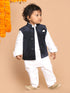 Boy's Navy Blue & White Printed Velvet Nehru Jacket