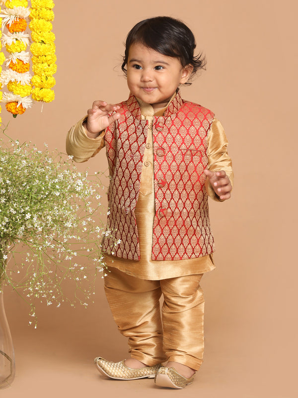 Sishu Boy's Maroon Jacket And Rose Gold Ethnic Kurta With Pyjama Set