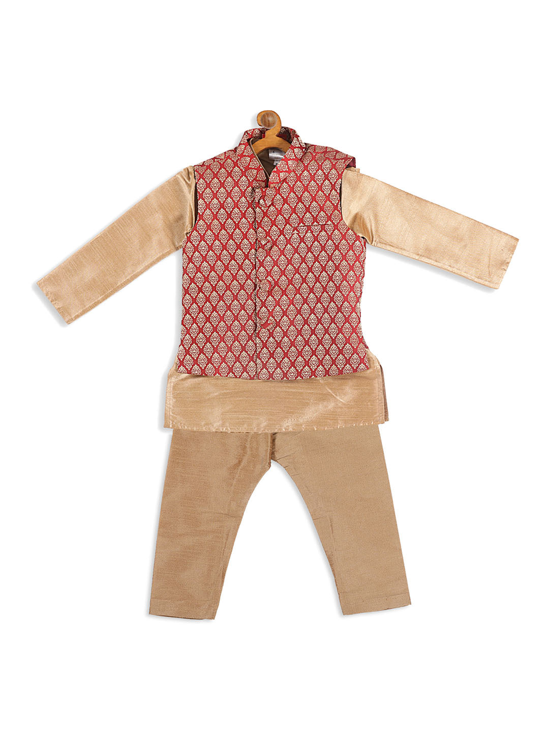 Sishu Boy's Maroon Jacket And Rose Gold Ethnic Kurta With Pyjama Set