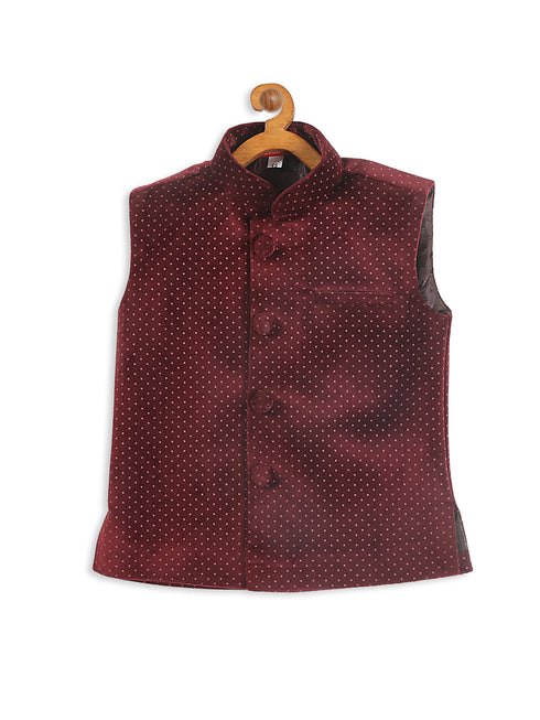 Sishu Boy's Maroon Polka Dots Print Velvet Nehru Jacket
