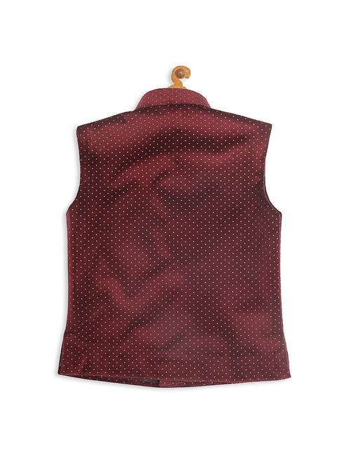 Sishu Boy's Maroon Polka Dots Print Velvet Nehru Jacket