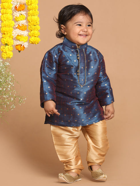 Boy's Blue Woven Design Kurta And Rose Gold Pyjama Set