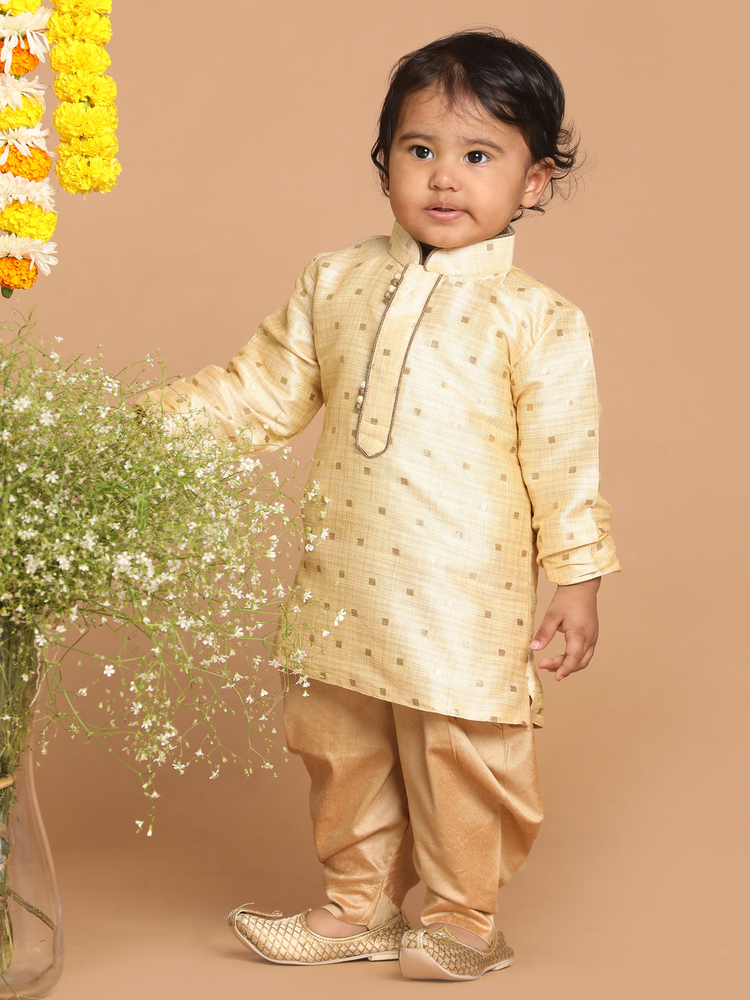 Boy's Gold Woven Design Kurta With Dhoti Set