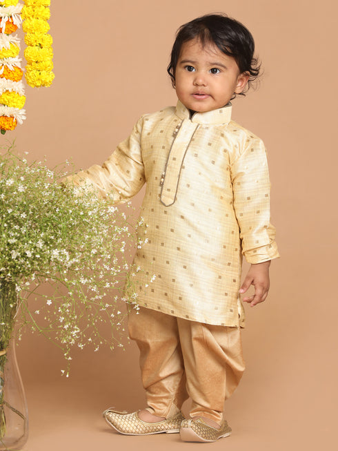 Boy's Gold Woven Design Kurta With Dhoti Set