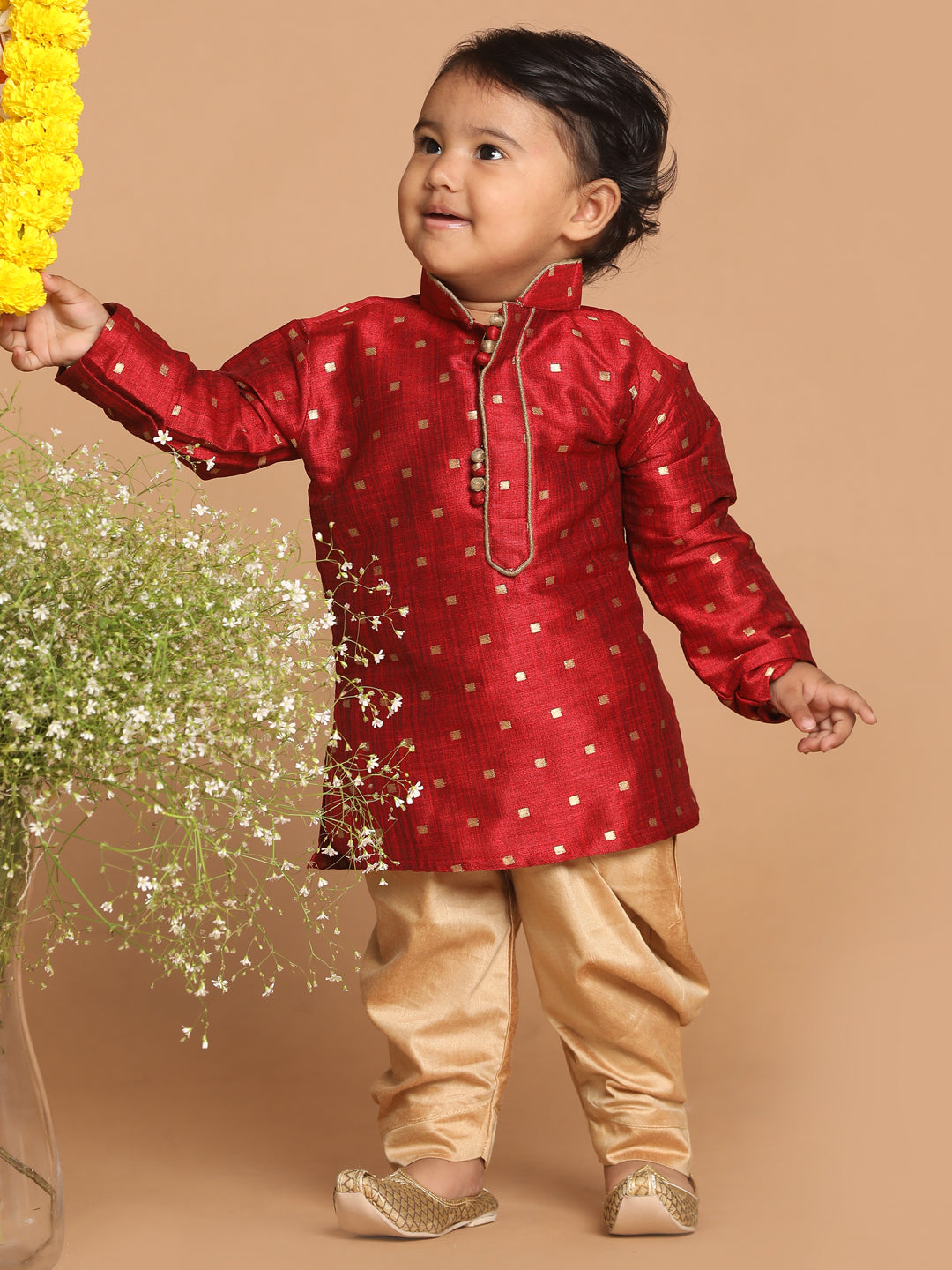 Boy's Maroon Kurta With Dhoti Pant Set