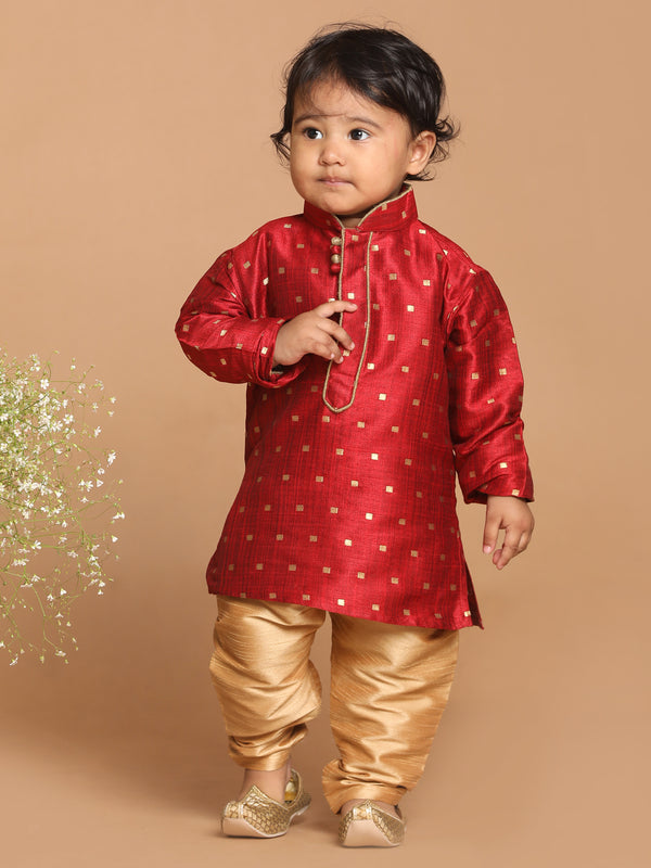 Sishu Boy's Maroon Woven Design Kurta With Rose Gold Pyjama Set