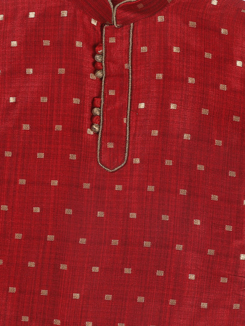 Sishu Boy's Maroon Woven Design Kurta With Rose Gold Pyjama Set