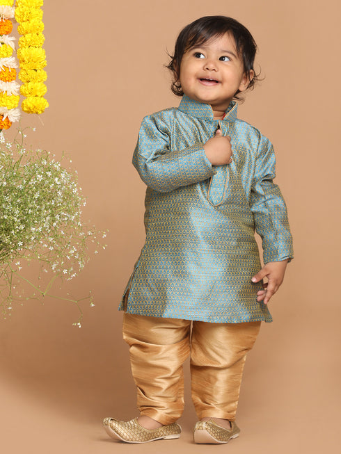 Sishu Boy's Blue Woven Kurta With Rose Gold Pyjama Set