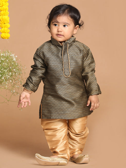 Sishu Boy's Black Woven Kurta And Rose Gold Pyjama Set