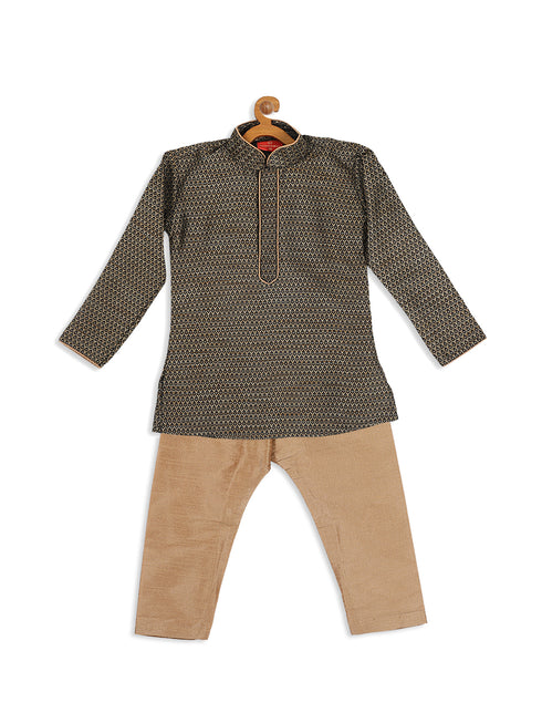 Sishu Boy's Black Woven Kurta And Rose Gold Pyjama Set