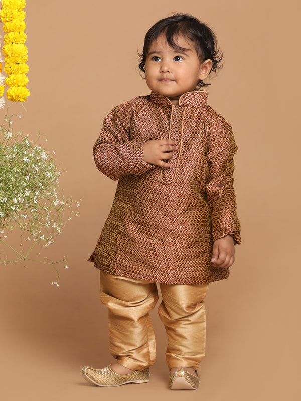 Sishu Boy's Maroon Woven Design Kurta With Rose Gold Pyjama Set