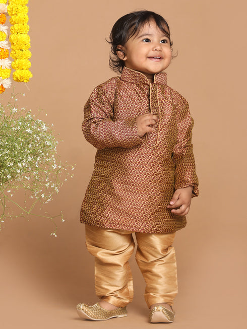 Sishu Boy's Maroon Woven Design Kurta With Rose Gold Pyjama Set