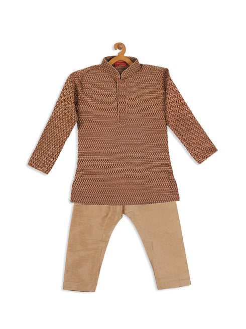 Sishu Boy's Maroon Woven Design Kurta With Rose Gold Pyjama Set