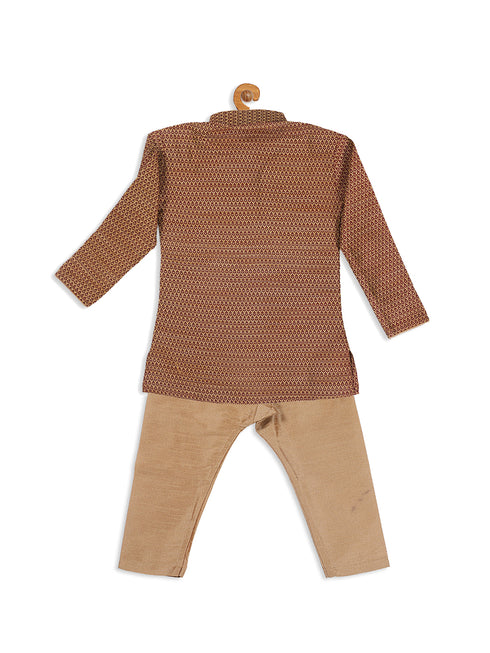 Sishu Boy's Maroon Woven Design Kurta With Rose Gold Pyjama Set