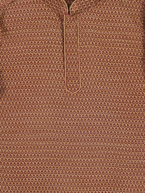 Sishu Boy's Maroon Woven Design Kurta With Rose Gold Pyjama Set