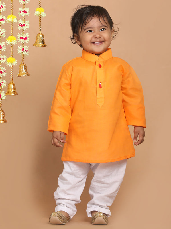 Boy's Orange Color Kurta With White Pyjama Set