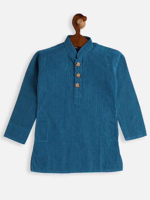 Boy's Aqua Blue And White Pure Cotton Kurta