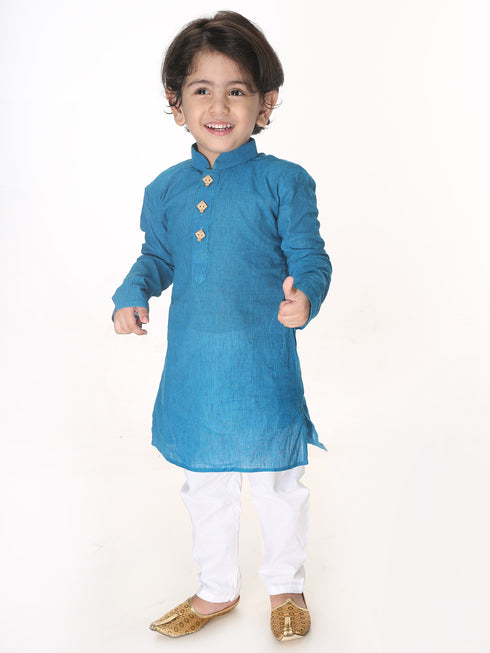Boy's Aqua Blue And White Pure Cotton Kurta