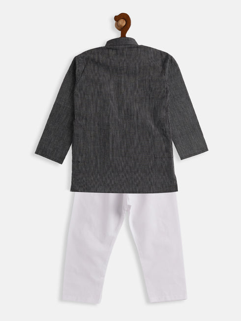 Boy's Black And White Pure Cotton Kurta Pyjama Set