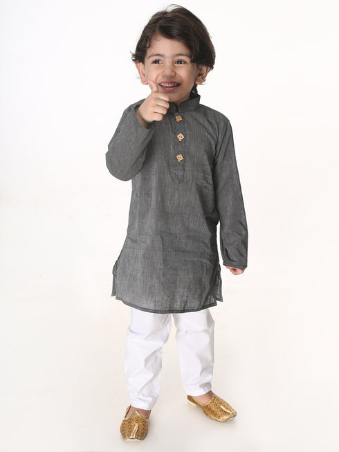 Boy's Black And White Pure Cotton Kurta Pyjama Set
