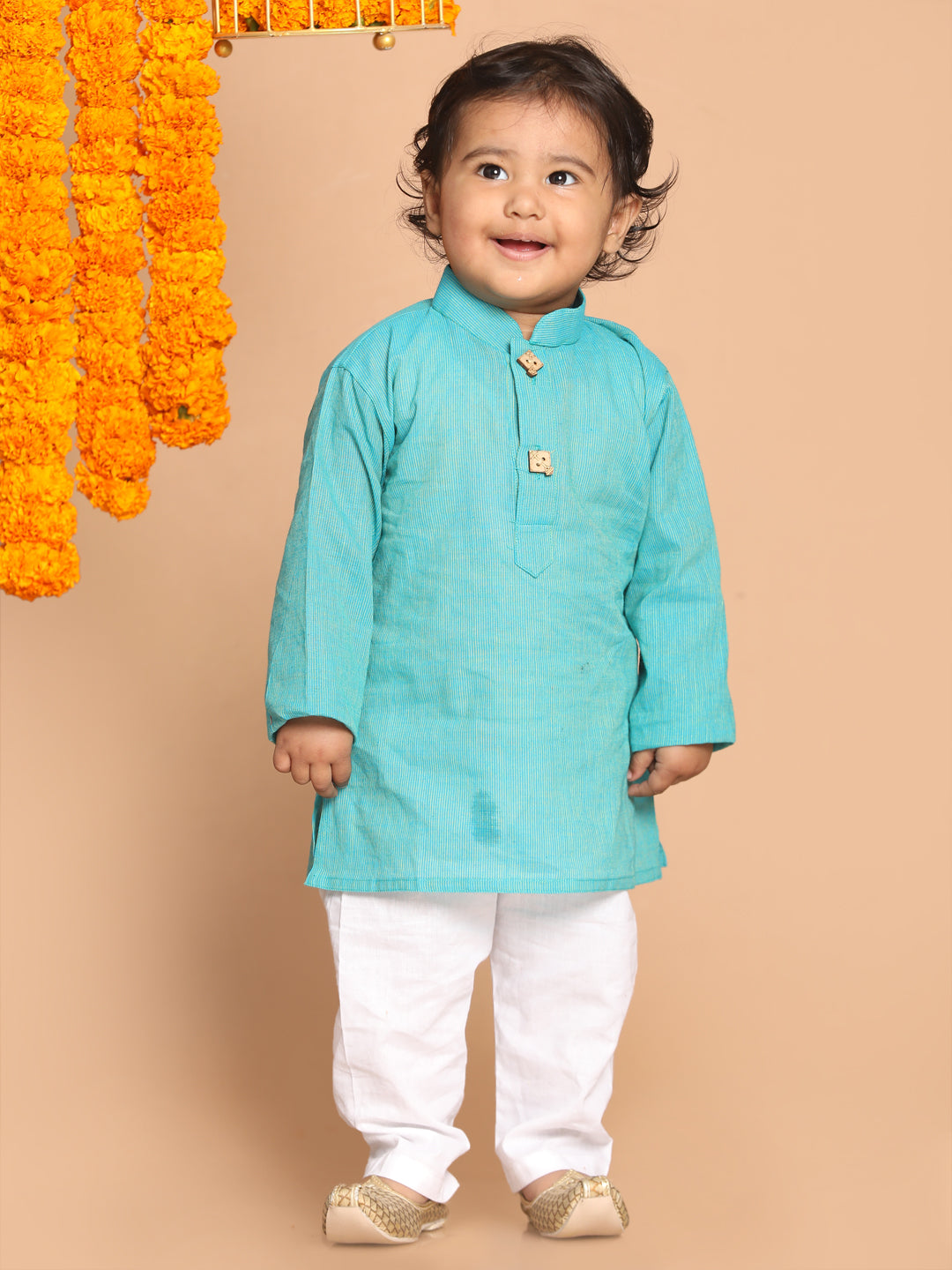 Boy's Blue Pure Cotton Kurta With White Pyjama Set