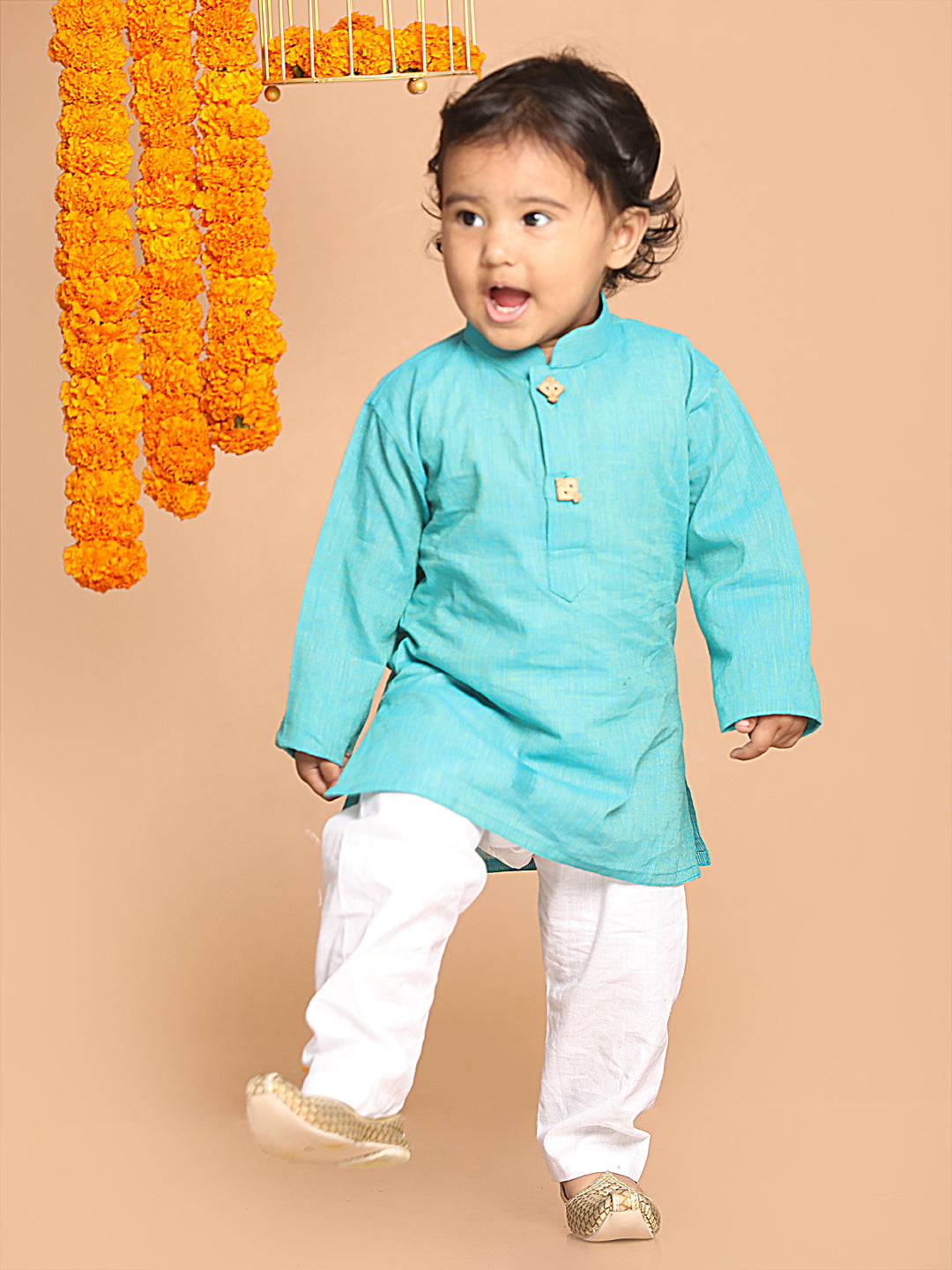 Boy's Blue Pure Cotton Kurta With White Pyjama Set