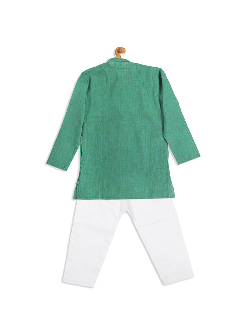Boy's Green Striped Pure Cotton Kurta With Pyjama Set