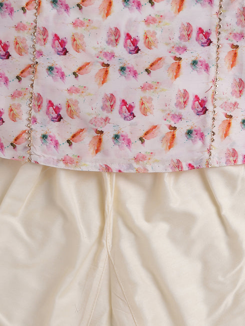 Boy's Multicolor-Base-White Cotton Blend Kurta Pyjama Set