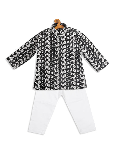 Sishu Boy's Black Chikankari Pure Cotton Kurta With White Pyjama Set