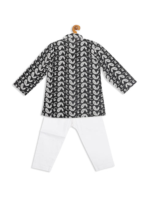 Sishu Boy's Black Chikankari Pure Cotton Kurta With White Pyjama Set