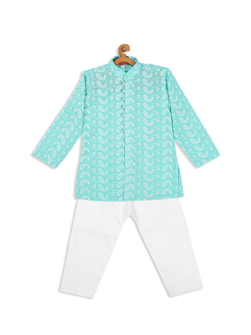 Sishu Boy's Green Chikankari Pure Cotton Kurta With White Pyjama Set
