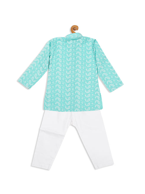Sishu Boy's Green Chikankari Pure Cotton Kurta With White Pyjama Set