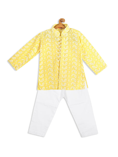 Sishu Boy's Mustard Floral Chikankari Pure Cotton Kurta With Pyjama