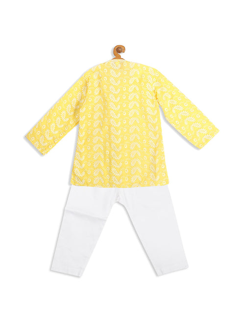 Sishu Boy's Mustard Floral Chikankari Pure Cotton Kurta With Pyjama