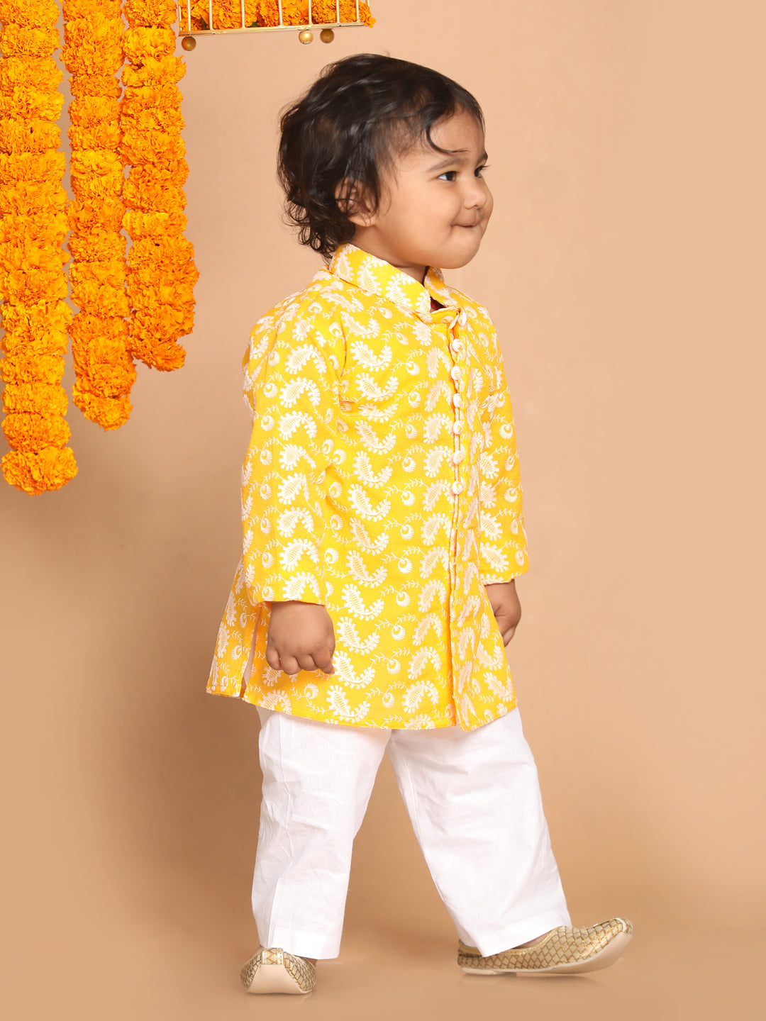 Sishu Boy's Orange Floral Chikankari Pure Cotton Kurta With White Pyjama Set
