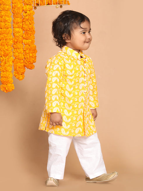 Sishu Boy's Orange Floral Chikankari Pure Cotton Kurta With White Pyjama Set