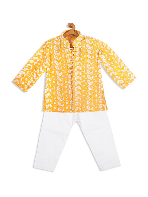 Sishu Boy's Orange Floral Chikankari Pure Cotton Kurta With White Pyjama Set