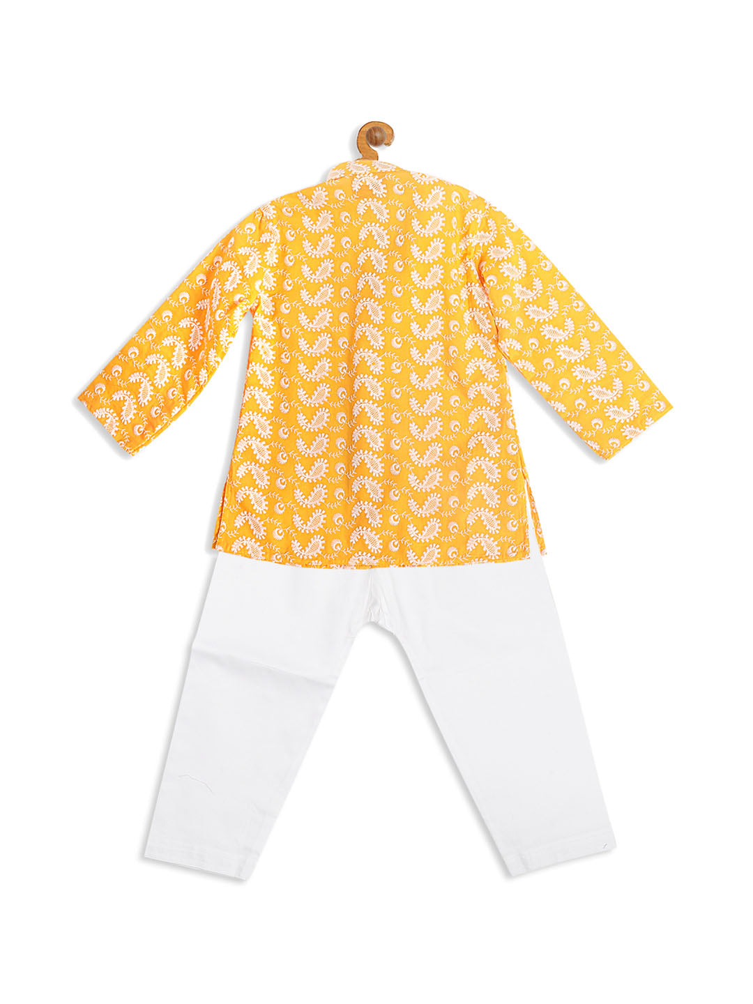 Sishu Boy's Orange Floral Chikankari Pure Cotton Kurta With White Pyjama Set
