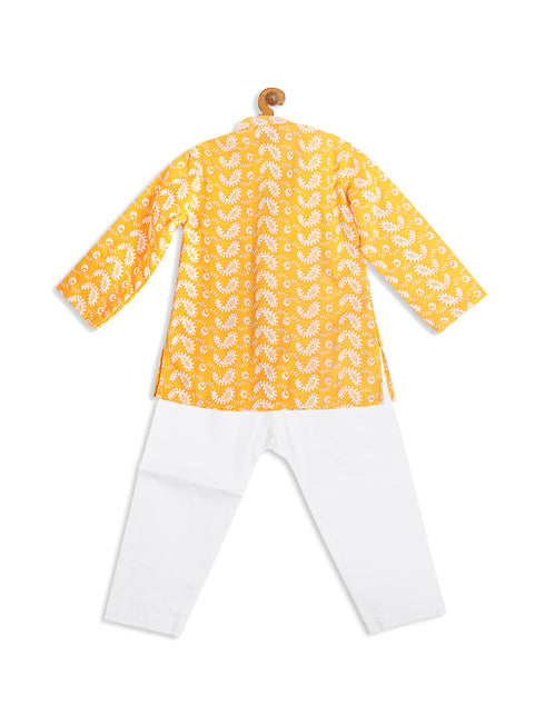 Sishu Boy's Orange Floral Chikankari Pure Cotton Kurta With White Pyjama Set