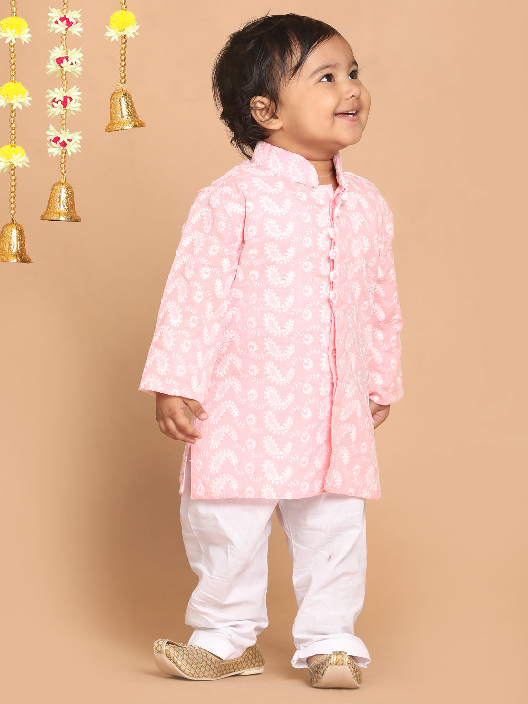 Sishu Boy's Pink Floral Chikankari Pure Cotton Kurta With Pyjama
