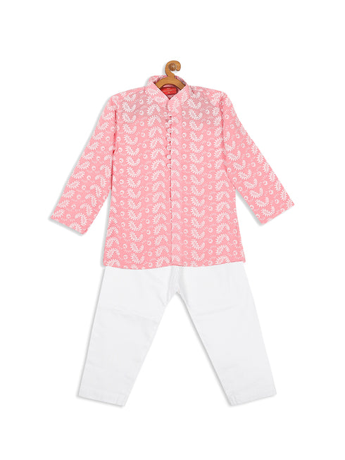 Sishu Boy's Pink Floral Chikankari Pure Cotton Kurta With Pyjama