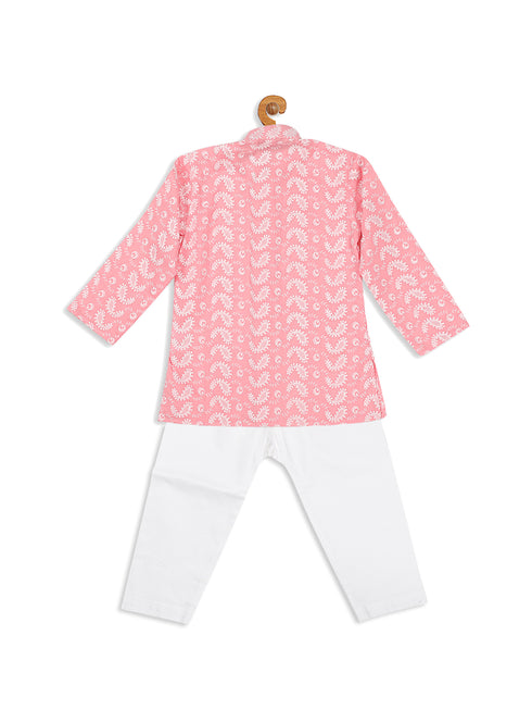 Sishu Boy's Pink Floral Chikankari Pure Cotton Kurta With Pyjama