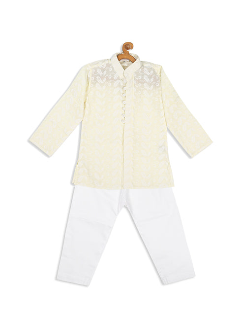 Sishu Boy's Yellow Chikankari Pure Cotton Kurta With Pyjama Set