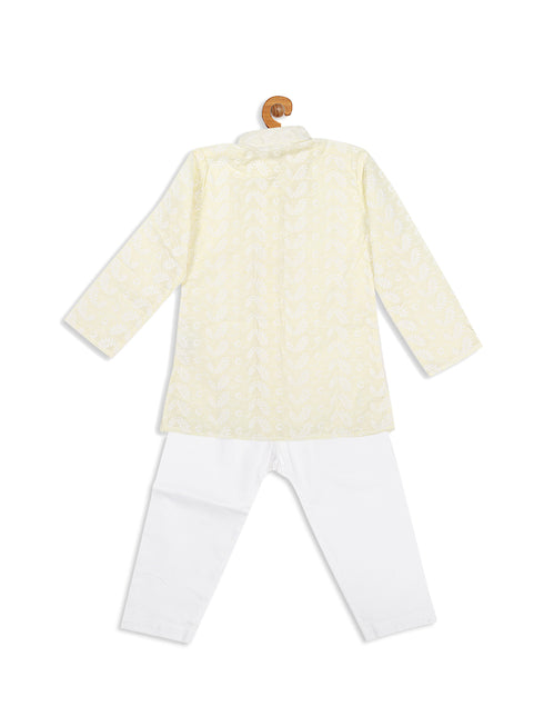 Sishu Boy's Yellow Chikankari Pure Cotton Kurta With Pyjama Set