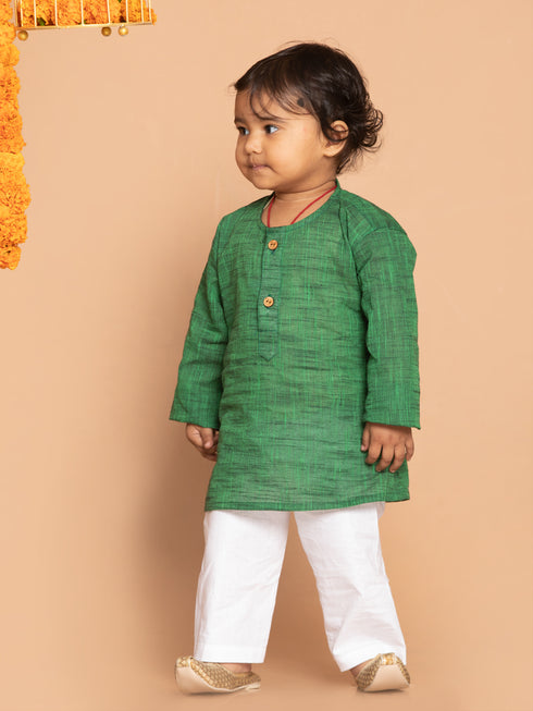 Boy's' Green Cotton Kurta And White Pyjama Set