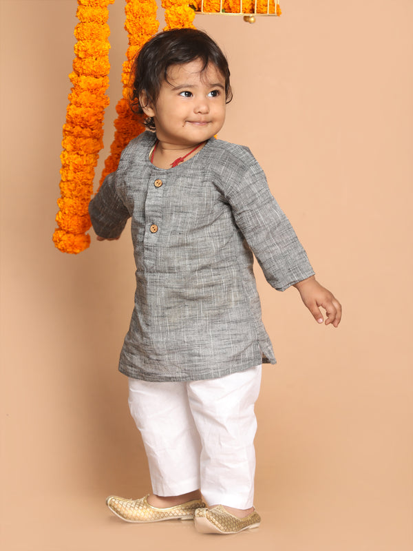 Sishu Boy's' Grey Cotton Kurta And White Pyjama Set