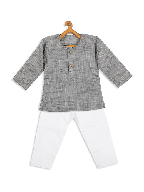 Sishu Boy's' Grey Cotton Kurta And White Pyjama Set