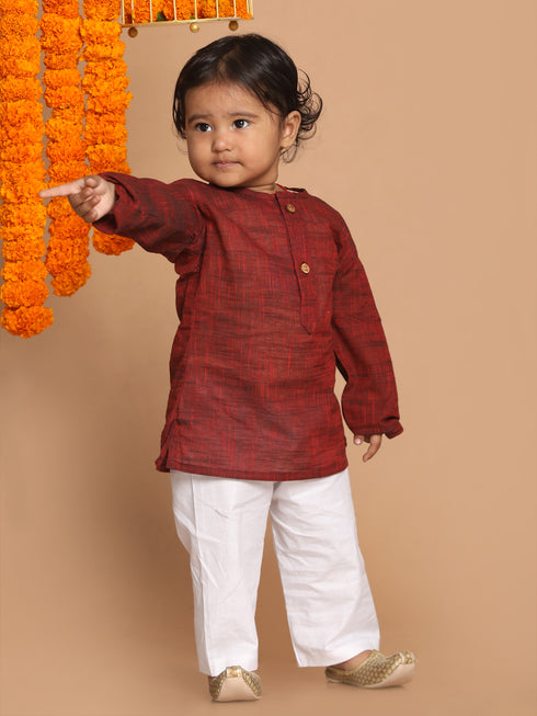 Sishu Boy's' Maroon Cotton Kurta And White Pyjama Set